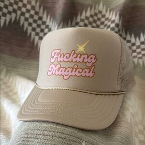 Beige Trucker Hat with Pink Graphic